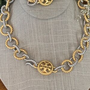 Tory Burch Two Tone Gold and Silver Textured Brass Rope Necklace $229 NWT